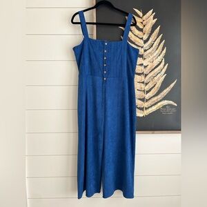 Blue Button-Front Corduroy Jumpsuit